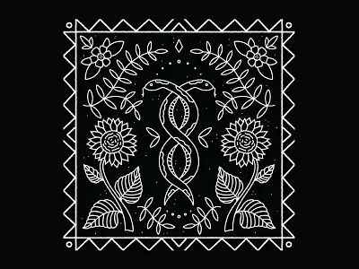Snake - The Nature of Symmetry black and white design floral flowers garden gardening gartersnake handmade illustration illustrator leaves nature pattern procreate snake sunflowers symmetric symmetrical symmetry tile