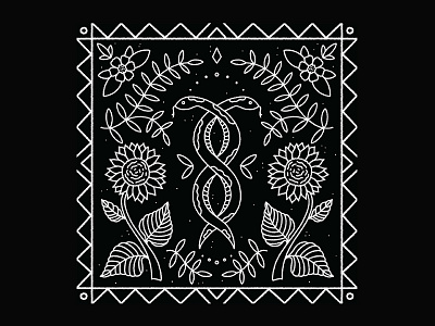 Snake - The Nature of Symmetry black and white design floral flowers garden gardening gartersnake handmade illustration illustrator leaves nature pattern procreate snake sunflowers symmetric symmetrical symmetry tile