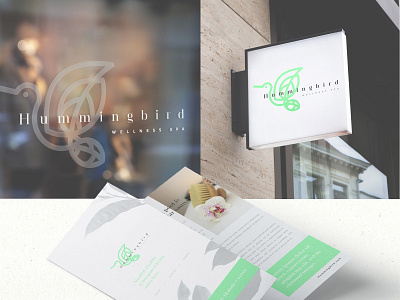 Hummingbird | Wellness Spa Brand identity art direction brand identity branding design flat design flyer green holistic icon illustration logo marquee minimal signage spa street sign typography vector wellness window sign