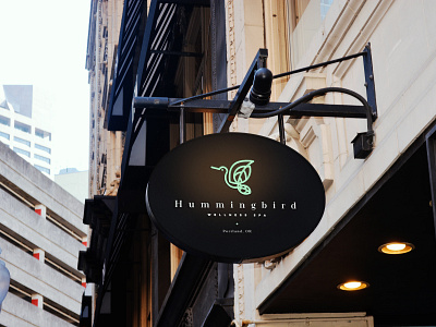 Hummingbird | Wellness Spa Brand identity art direction brand brand identity branding design ecofriendly flat design green hanging sign hummingbird logo minimal signage spa typography vector visual design wellness