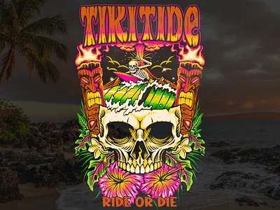 TIKI TIDE, VECTOR SURFING ILLUSTRATION aloha art branding design graphic design hawaii illustration logo skeleton surf wear surfing tiki vector