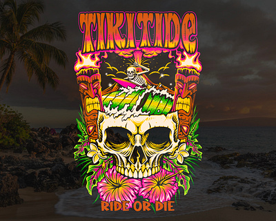 TIKI TIDE, VECTOR SURFING ILLUSTRATION aloha art branding design graphic design hawaii illustration logo skeleton surf wear surfing tiki vector