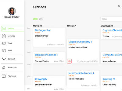 University student timetable | Personal page alert app blue class classes college design flat guide guidelines home page illustration landing page minimal school student timetable ui university vector