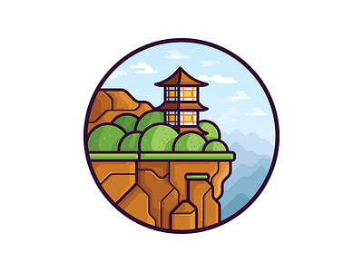 Rock building bush illustration landscape mountain nature rock temple tree vector