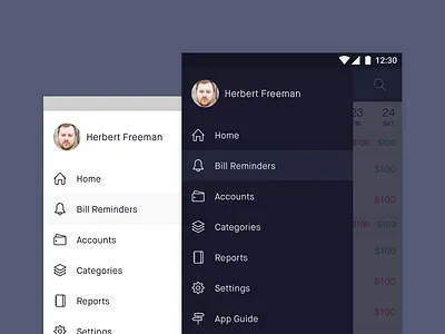 Drawer Menu android app design clean ui design drawer menu menu design ui ui design user experience design user inteface ux