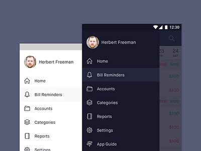Drawer Menu android app design clean ui design drawer menu menu design ui ui design user experience design user inteface ux