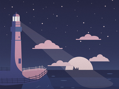 Lighthouse by the Sea clouds dark design illustration lighthouse moon night ocean life sea starry night stars