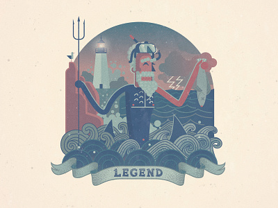 Legend design fishing flat fun illustration la mer old guy poseidon seaside simple stoke stylized textures typography vector