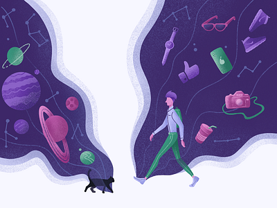 Two Universes Illustration cat design human illustration planet procreate space ui