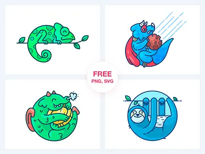 Stickers Freebie Vol. 2 animal chameleon character coin design dinosaur dragon free freebie freebies icon illustration illustrator money outline set sloth sticker vector web