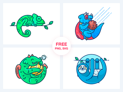 Stickers Freebie Vol. 2 animal chameleon character coin design dinosaur dragon free freebie freebies icon illustration illustrator money outline set sloth sticker vector web