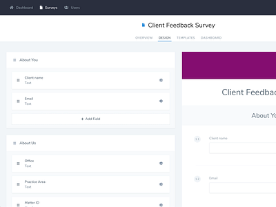 Hello Dribbble! - Survey Form Builder adonisjs beta builder code design feedback forms nodejs nuxt surveys tailwindcss ui vuejs webapp wip