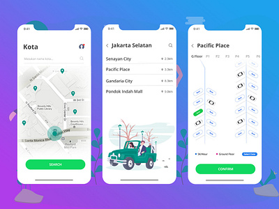 Cari Parkir app blue branding clean design flat identity illustration illustrator ios mobile ui ux vector