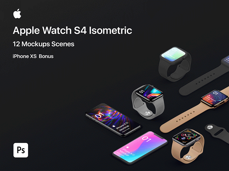 Apple Watch S4 2018 - 12 Isometric Mockups - PSD app apple apple devices apple watch mockup design graphic design iphone x iphone x mockup iphone xs mockup presentation psd s4 ui uiux user interface watch watch app