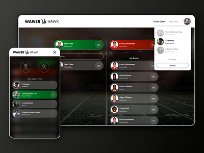 Waiver Hawk branding branding design dashboard ui fantasy football fantasy sports mobile ui waiver hawk web ui