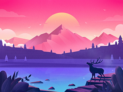 Illustration-Forest lake bird botany cloud colour deer design dribbble forest icon illustration lake logo mountain scenery stone sunlight tree ui ux vector