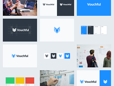 Vouchful Brand Board app icon brand brand and identity color color palette font fox gotham identity lettering logo logo design logomark logotype startup branding swatch tile vouchful