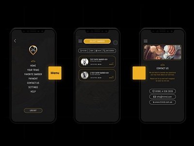 Trimd Barber's App Pages android app cards contact design home ios menu minimal mobile typography ui uiux user interface ux