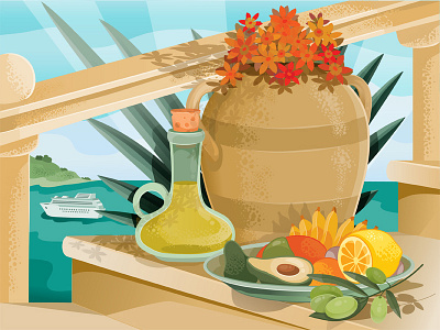 Mediterranean Still Life art concept cruise design flat fruit illustration illustrator mediterranean olive oil olives recreation still life vector