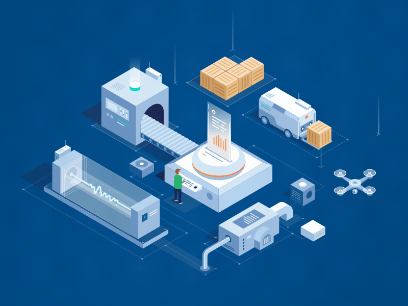 IOT box conveyor drone illustration iot isometric json loader lottie man operator tech