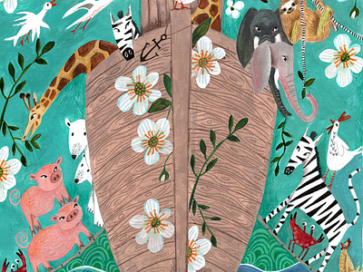 Greeting Card by Caroline Bonne Muller acrylics animals art boat children book illustration children illustration cute floral flowers greeting cards illustration kidslitart noahs ark pretty sea