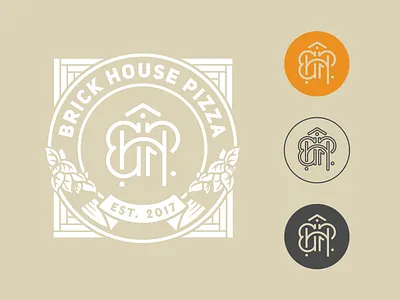 Brick House Pizza Initial Branding box design branding design brick initial branding logo monogram design monogram letter mark monogram logo monoline pizza restaurant branding sticker design
