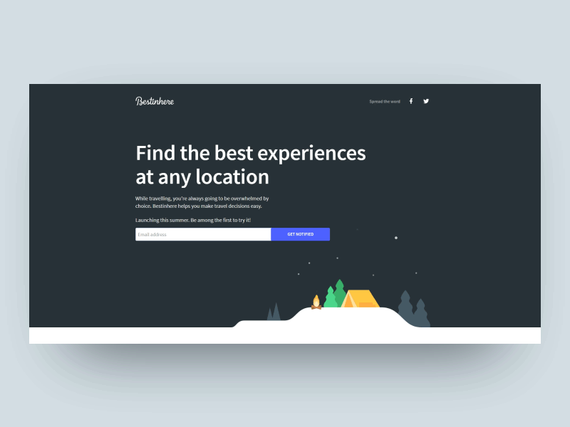 Landing page - Day 003 of not so Daily UI after effects animation camping dailyui experience hyderabad illustration india landing page landing pages micro minimal travel website