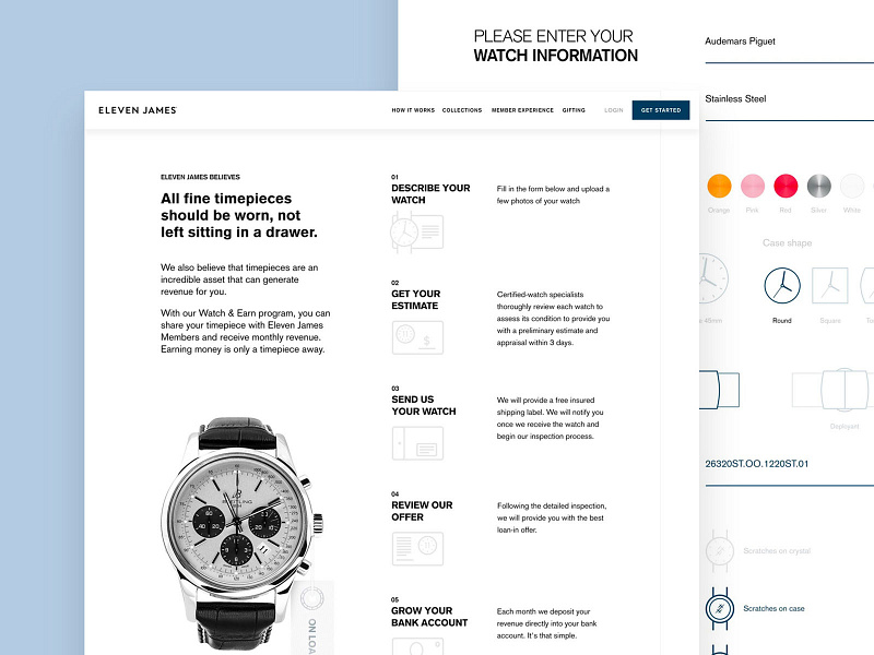 Eleven James Watch & Earn Page collection desktop luxury page startup ui ux watch watches webpage website