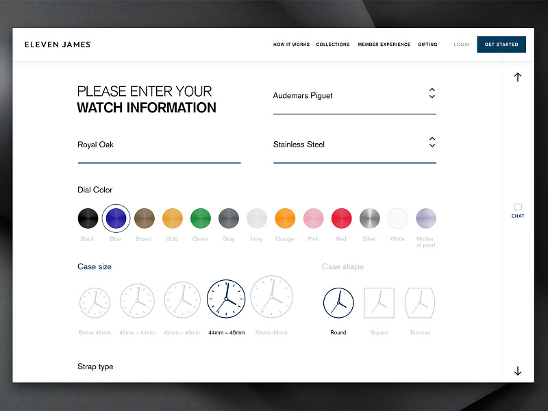 Eleven James Watch & Earn Questionnaire collection desktop luxury page startup ui ux watch watches webpage website