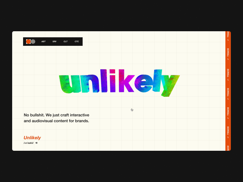 Unlikely Studio 3d animation brutalism clean design landing page transition