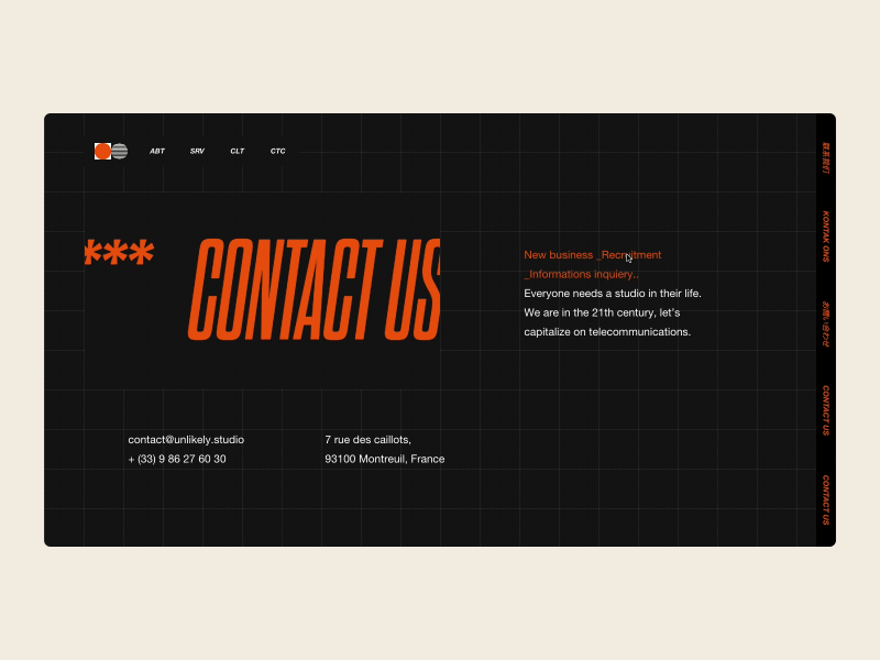 Unlikely Studio - Interaction about aniamtion brutalism clean contact dark design interaction landing landing page