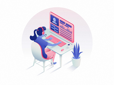 Saleswoman coffee computer desk gradient illustration isometric plant saleswoman tech technology woman