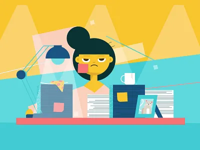 Later that day angry character desk face flat hustle minimal office pizza untidy work