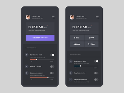 Account balance screen account settings app bank app concept fireart fireart studio ui ux