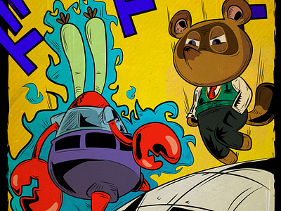 Don Cangrejo y Tom Nook animal crossing bob esponja crossover digital art fanart illustration japan jojos bizarre adventure manga mexican art nickelodeon nicktoons nintendo nintendo switch retro smash bros spongebob vector videogame vintage