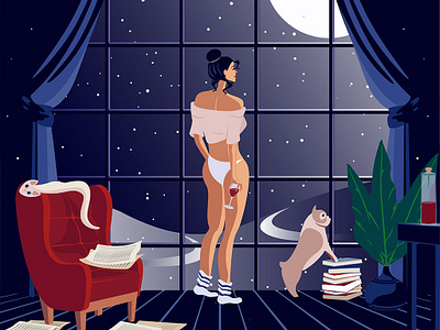 Sleepless Night blue cat chair dog dream girl green moon night purple red room sleepless wine winter