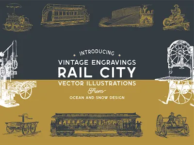 Rail City | Vintage Vector Illustrations city creative market engravings eps gold illustration industry introducing machines rail railcar scan style svg trains vector vintage badge vintage design
