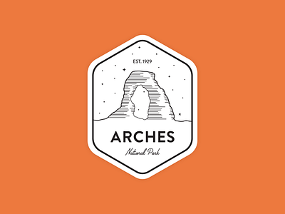 Arches National Park Badge arch arches badge black white delicate illustration line moab monoline national orange park patch rock series sky stars sticker utah