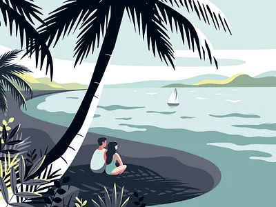 Sea beach boat character holiday illustration landscape leaf leaves palm palm trees people plants sea shadow sky summer tropical vacation vector water