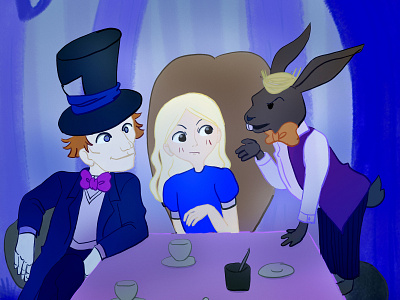 Alice with the mad hatter and the march hare alice in wonderland aliceinwonderland book illustration children book illustration children illustration digital art digital artist digital illustration folktale folktale illustrations forest forests illustration night tale
