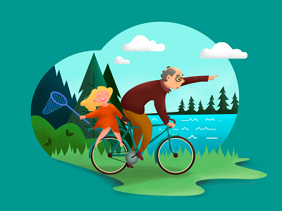 My grandfather is my best friend. bike forest girl grandfather illustration lake summer tree vector