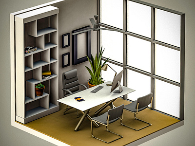 Office 3d art chair illustration interior isometric office room table vectary walls