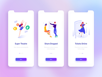 Super Theatre App onboarding app art business buy color commerce dance drop illustration miusic onboard online people purchase purple share stage talk ticket ui