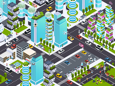 Smart city buiding character illustration isometric vector