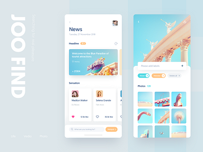 Joo Find app blue color design news photo search ui white