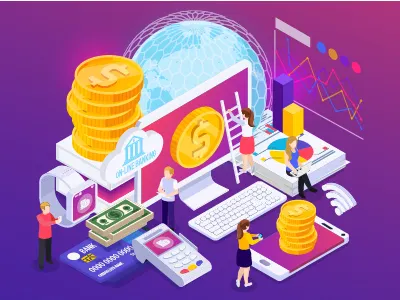Financial technology character design illustration isometric isometric illustration money people vector