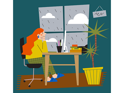 rainy days in the studio character desk editorial freelance funny grumpy illustration illustrator malta plants rain studio women