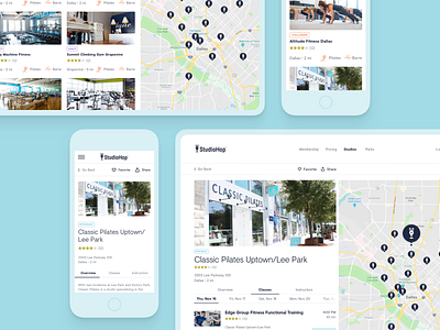 Studio Listing and Detail book classes design filter fitness map mobile online startup studios ui ux web