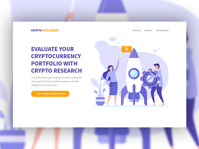 Cryptoaccelerate accelerate app branding consultation design gear illustration landing page orange rocket saas ui ux vector violet web