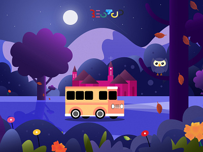 Fengjing at Night bus church flower forest gradient color graphic design illustation mountain night trees vector vector artwork wallpaper